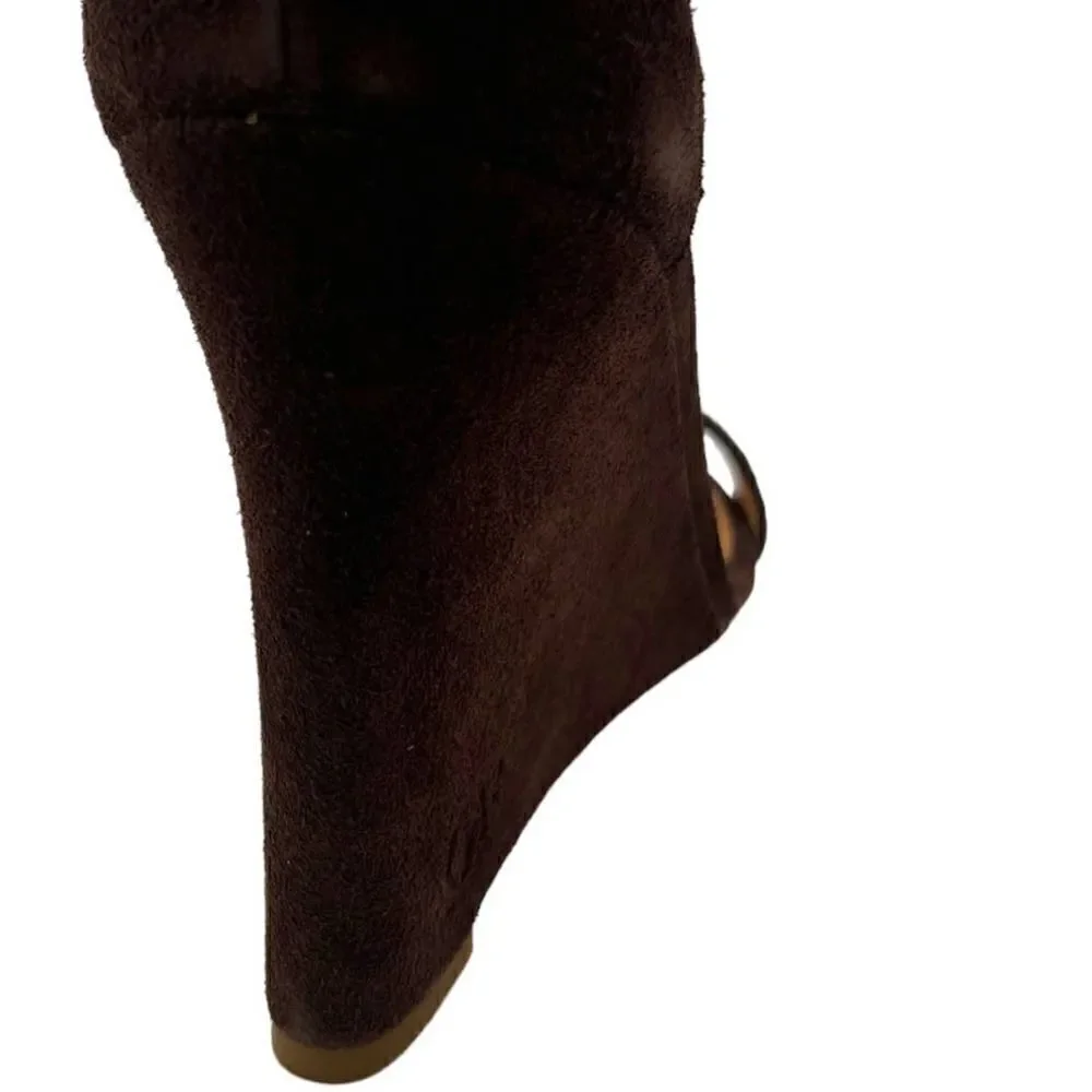 New DSQUARED 2 Women US 10 Brown Suede High Heels Tassel T-Strap Wedge Sandals